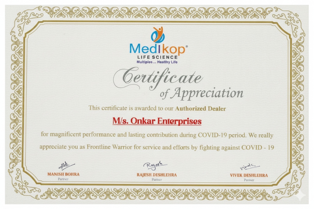 Medikop Life Sciences Certificate of Appreciation for Onkar Enterprises